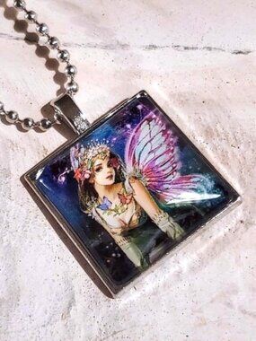 Faery Handcrafted Square Glass Cabochon Pendant Necklace